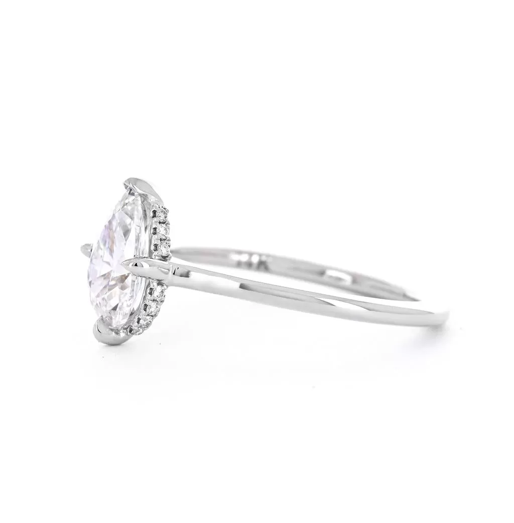 1.07ctw Pear Solitaire Diamond Engagement Ring, Hidden Halo, Compass Prongs - 14K White Gold