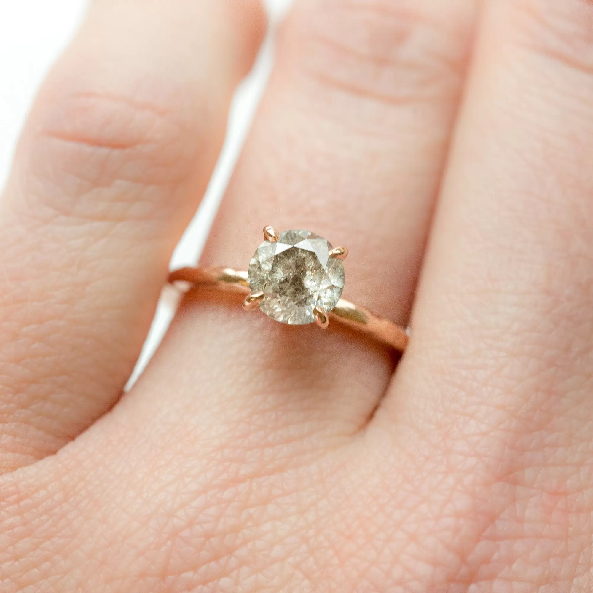 1.12ct Grey Salt & Pepper Diamond in Hand Carved Solitaire Engagement Ring - Rose Gold Round Solitaire