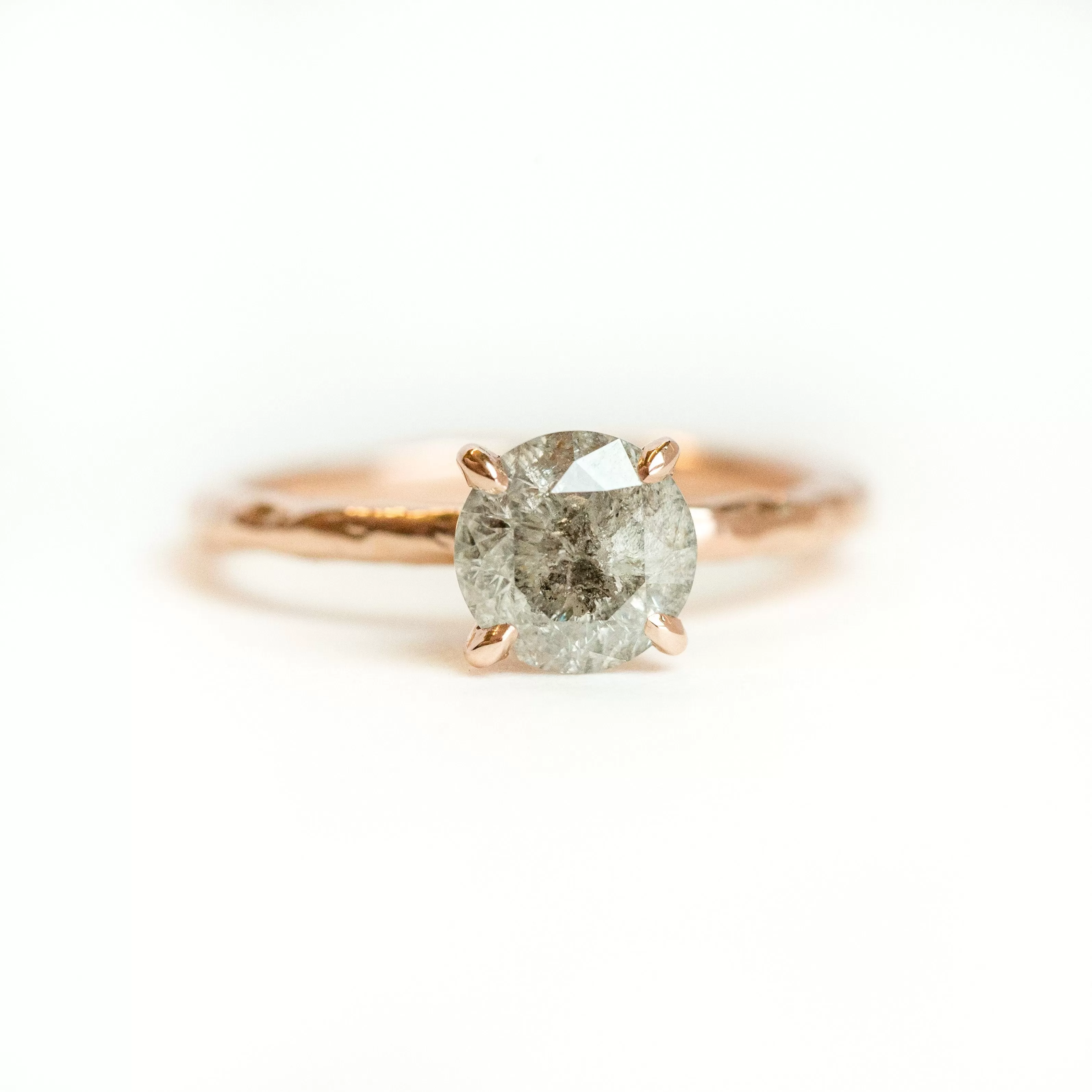 1.12ct Grey Salt & Pepper Diamond in Hand Carved Solitaire Engagement Ring - Rose Gold Round Solitaire