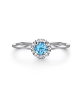 14K White Gold Blue Topaz and Diamond Halo Promise Ring