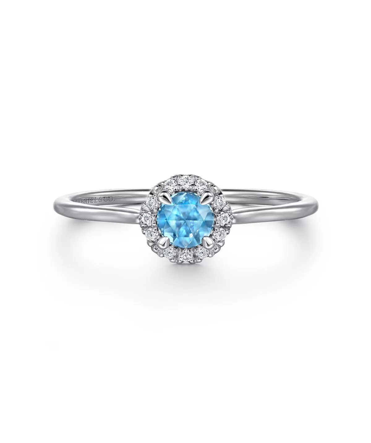 14K White Gold Blue Topaz and Diamond Halo Promise Ring