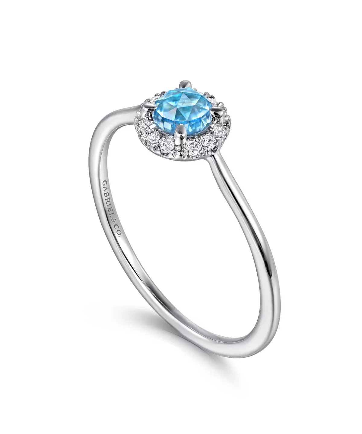 14K White Gold Blue Topaz and Diamond Halo Promise Ring