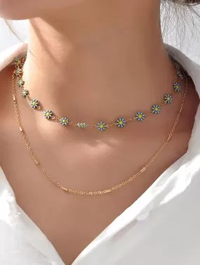 1pc Flower Decor Layered Necklace Copper Jewelry