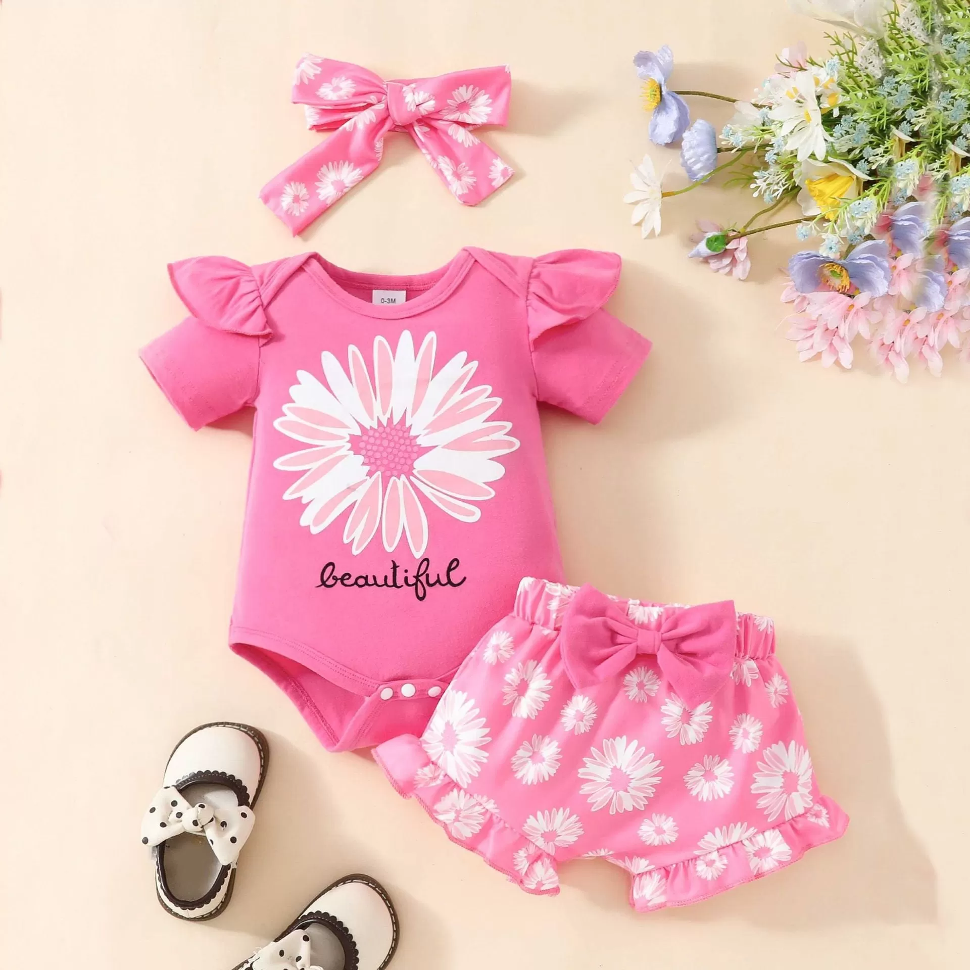 2 Pieces Set Baby Girls Letters Print Rompers And Flower Shorts Wholesale 24040405