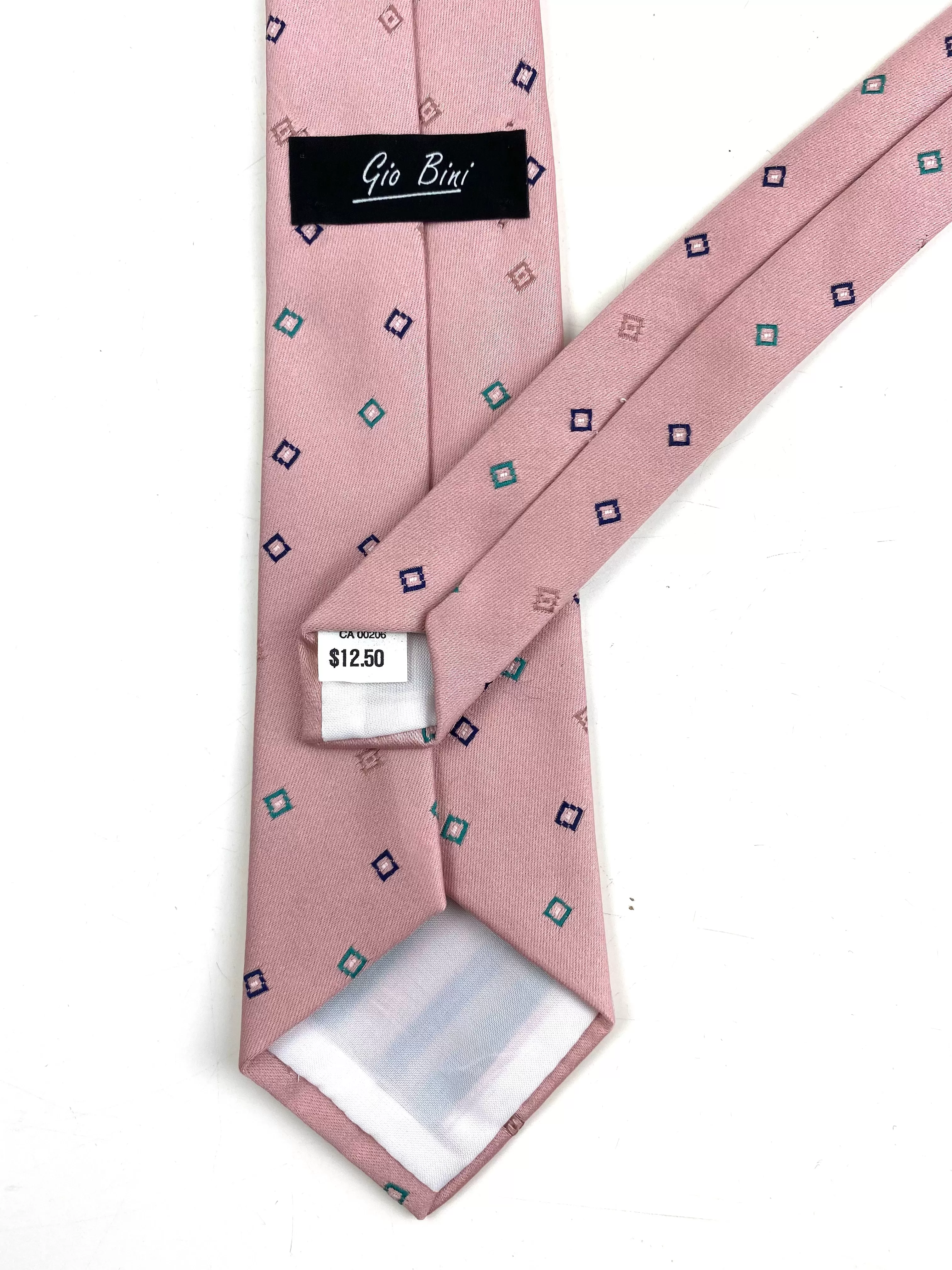 80s Deadstock Necktie, Men's Vintage Pink Geometric Square Pattern Tie, NOS