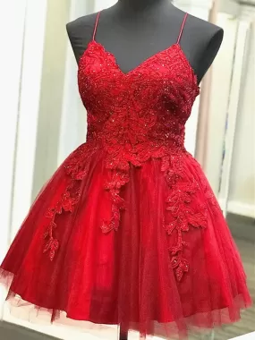 A Line V Neck Short Backless Red Lace Prom Dresses