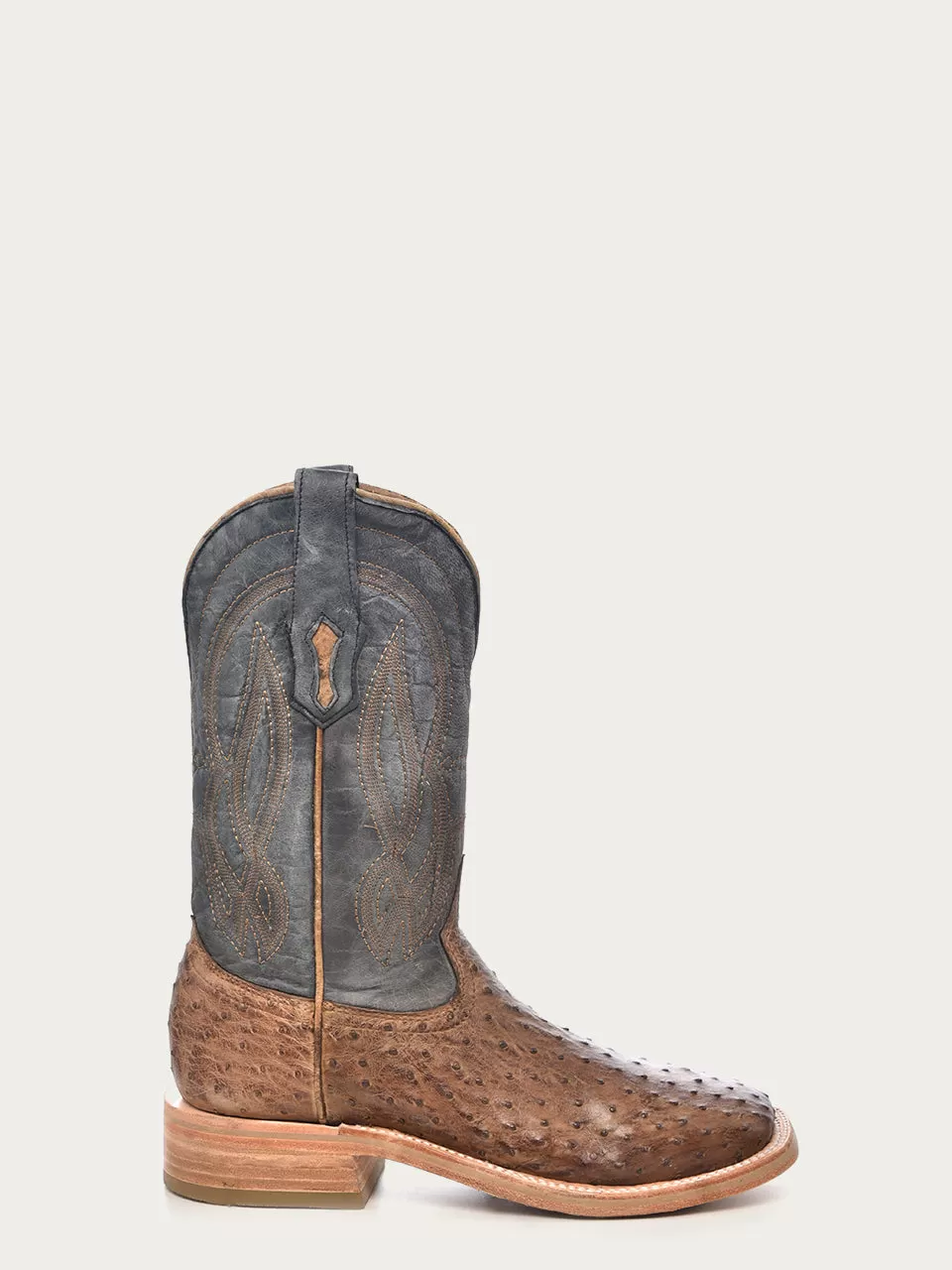 A4052 - MEN'S EMBROIDERY BROWN FULL QUILL OSTRICH SQUARE TOE BLUE COWBOY BOOT