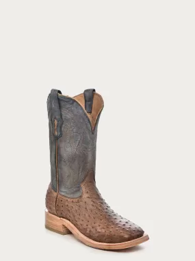 A4052 - MEN'S EMBROIDERY BROWN FULL QUILL OSTRICH SQUARE TOE BLUE COWBOY BOOT