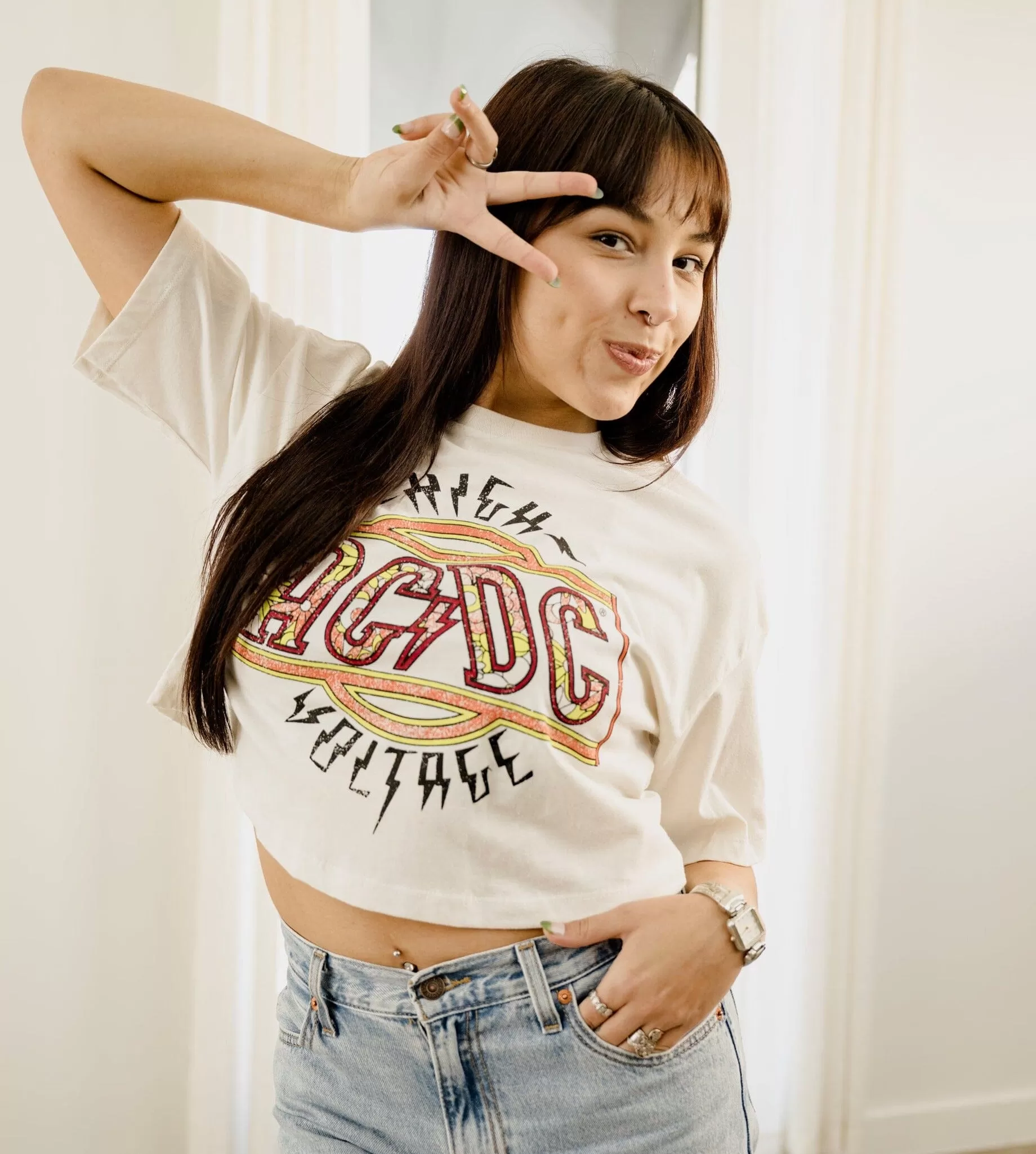 ACDC High Voltage Flower Off White Cropped Tee