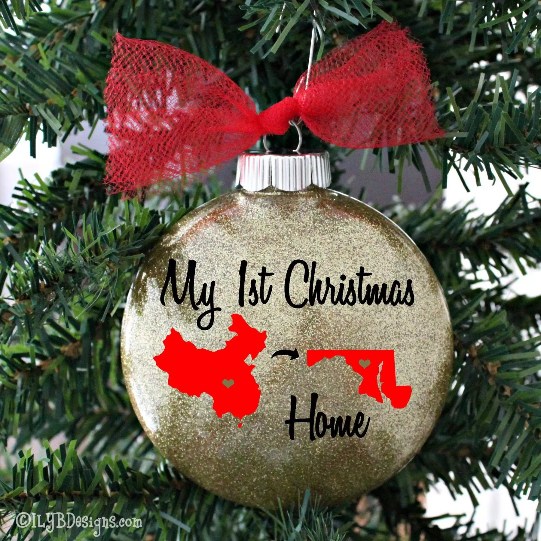 Adoption Christmas Ornament with Country & State | Personalized Glitter