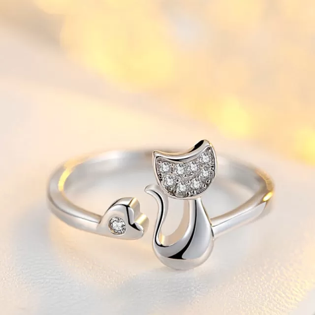 Adorable Crystal Cat Adjustable Ring