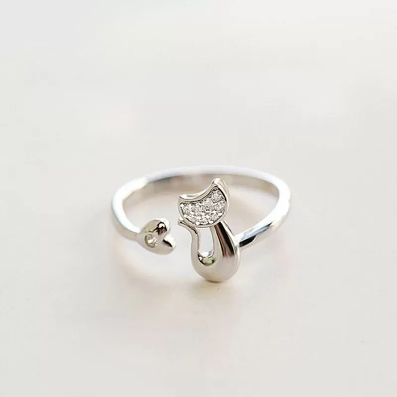 Adorable Crystal Cat Adjustable Ring