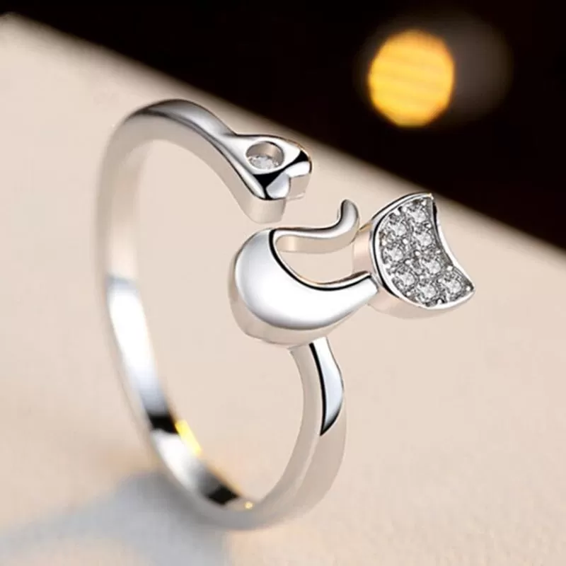 Adorable Crystal Cat Adjustable Ring