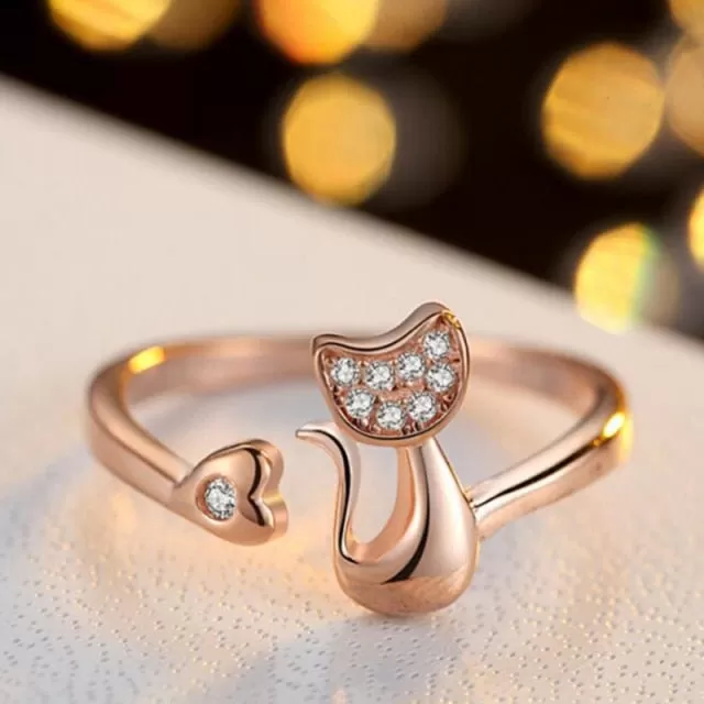 Adorable Crystal Cat Adjustable Ring