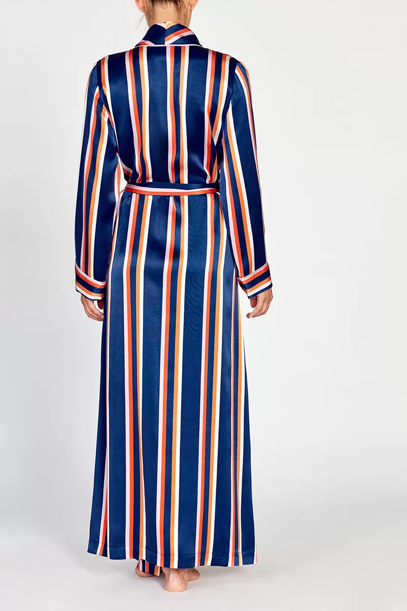 Ainsley Classic Long Navy Striped Silk Robe