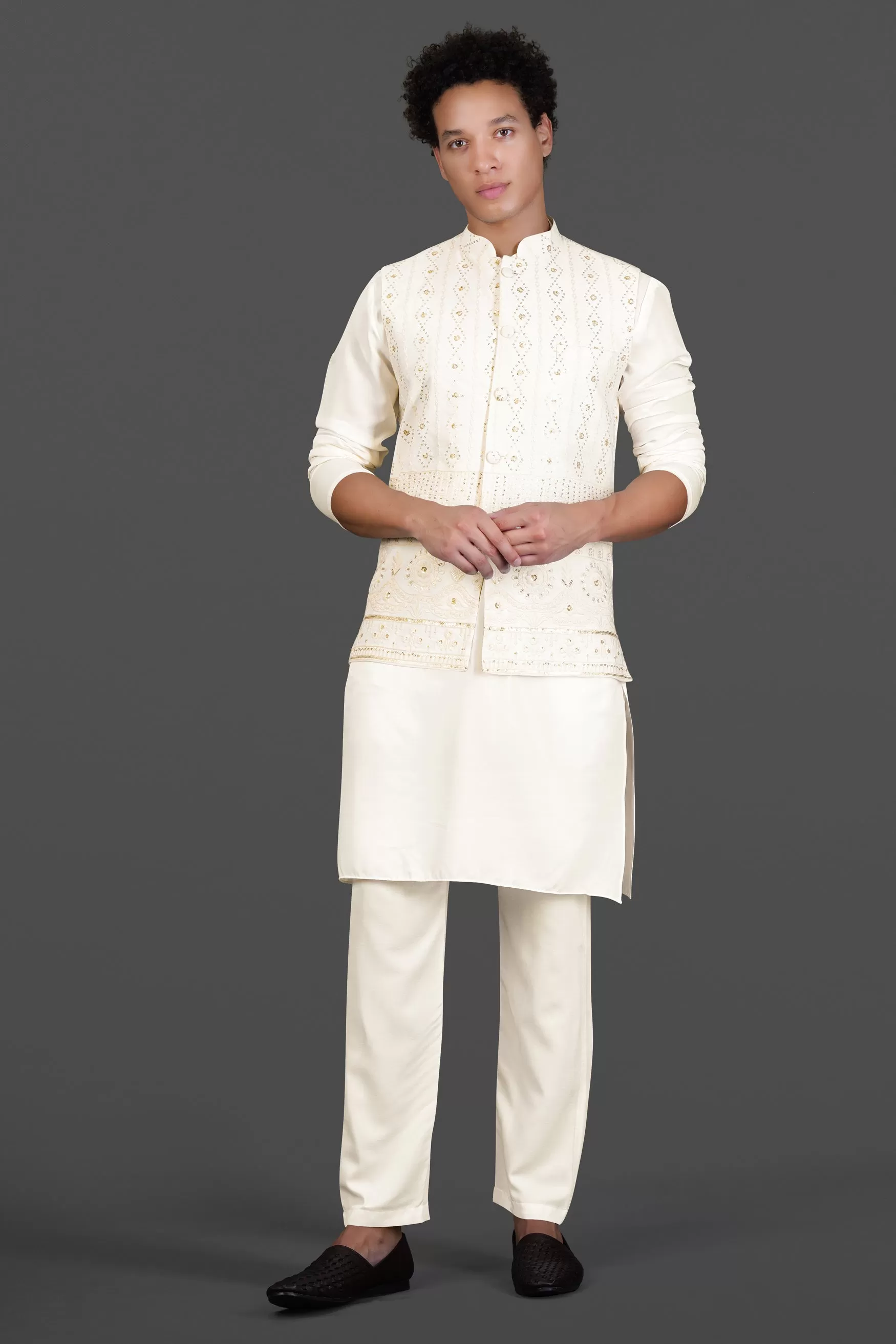 Albescent Cream Kurta Set With Sequin Embroidered Designer Nehru Jacket