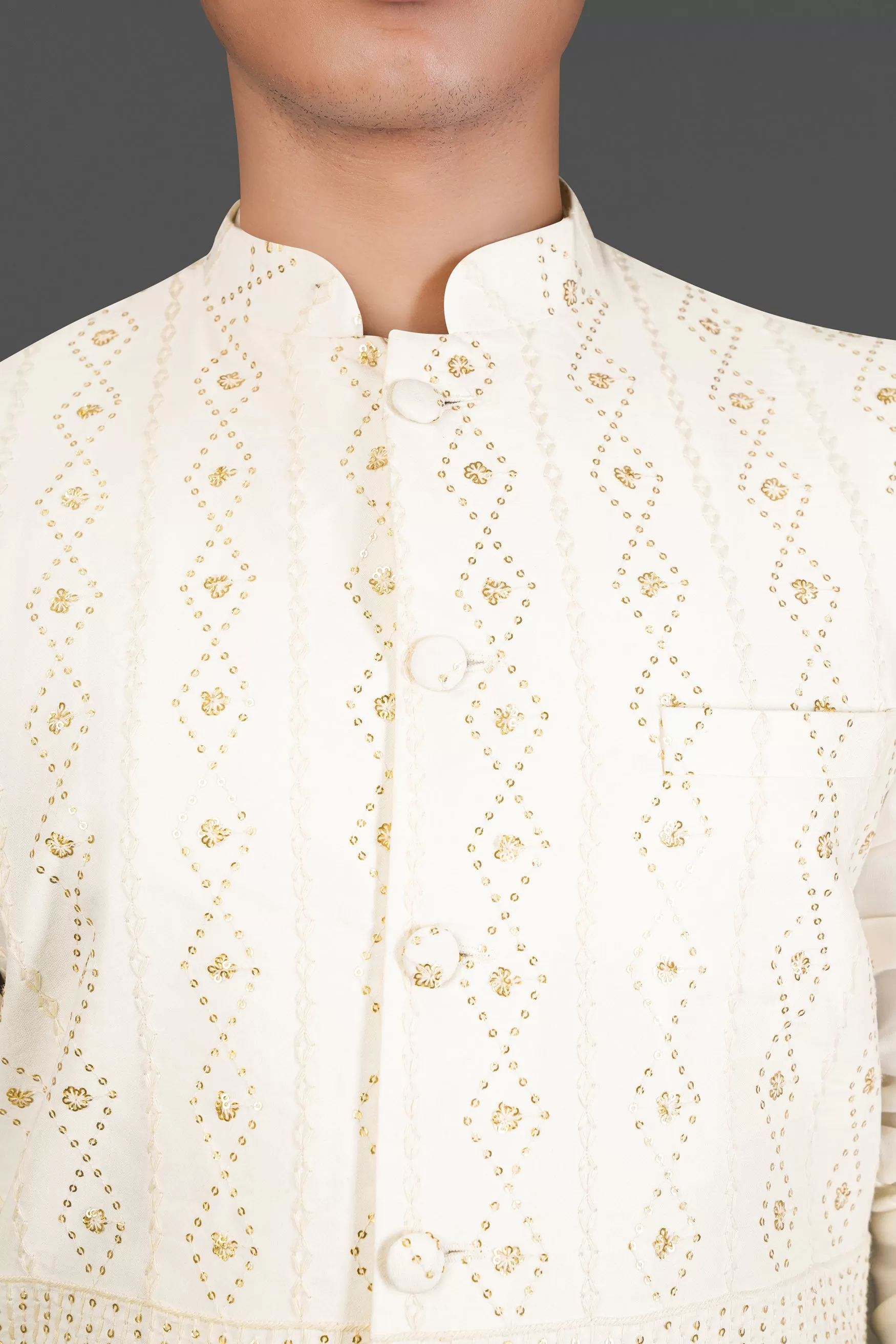 Albescent Cream Kurta Set With Sequin Embroidered Designer Nehru Jacket