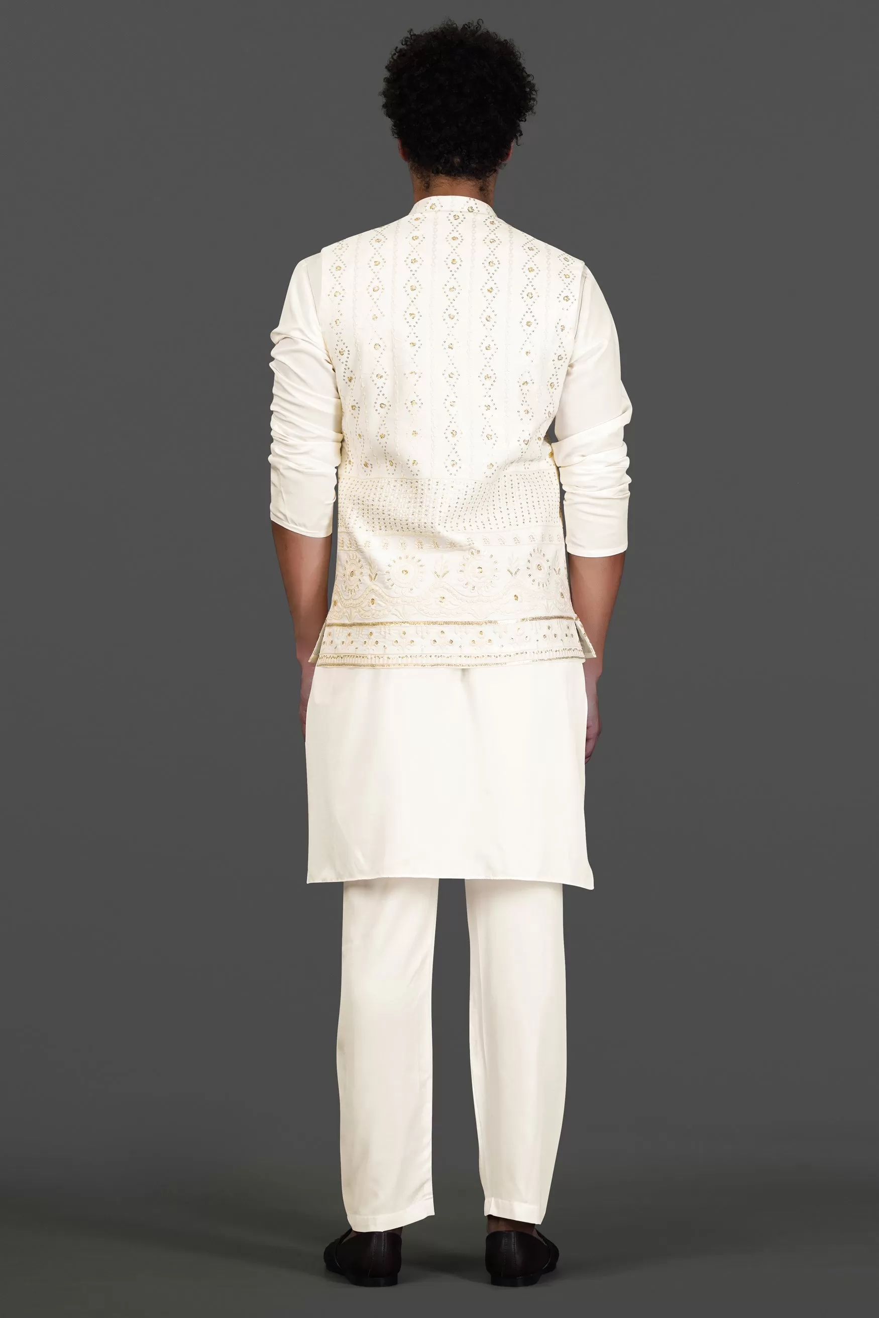 Albescent Cream Kurta Set With Sequin Embroidered Designer Nehru Jacket