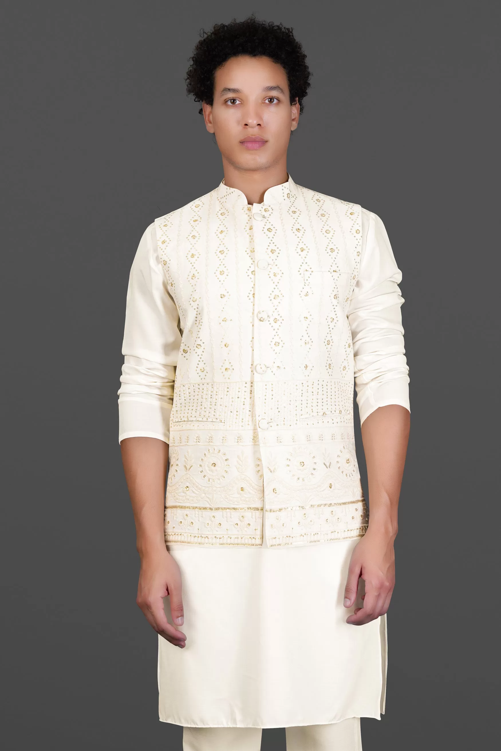 Albescent Cream Kurta Set With Sequin Embroidered Designer Nehru Jacket