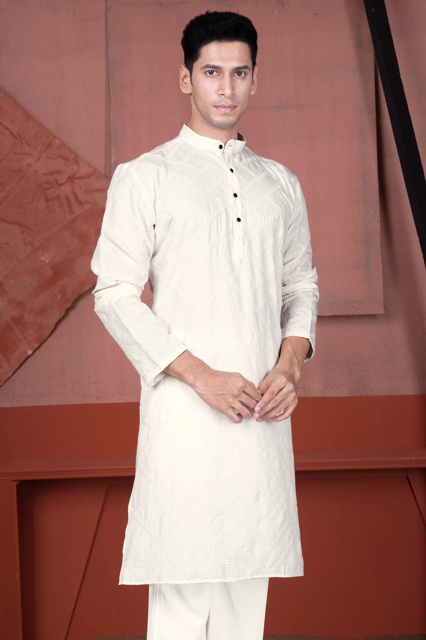 Albescent Cream Viscose Embroidered Designer Kurta with Nehru Jacket