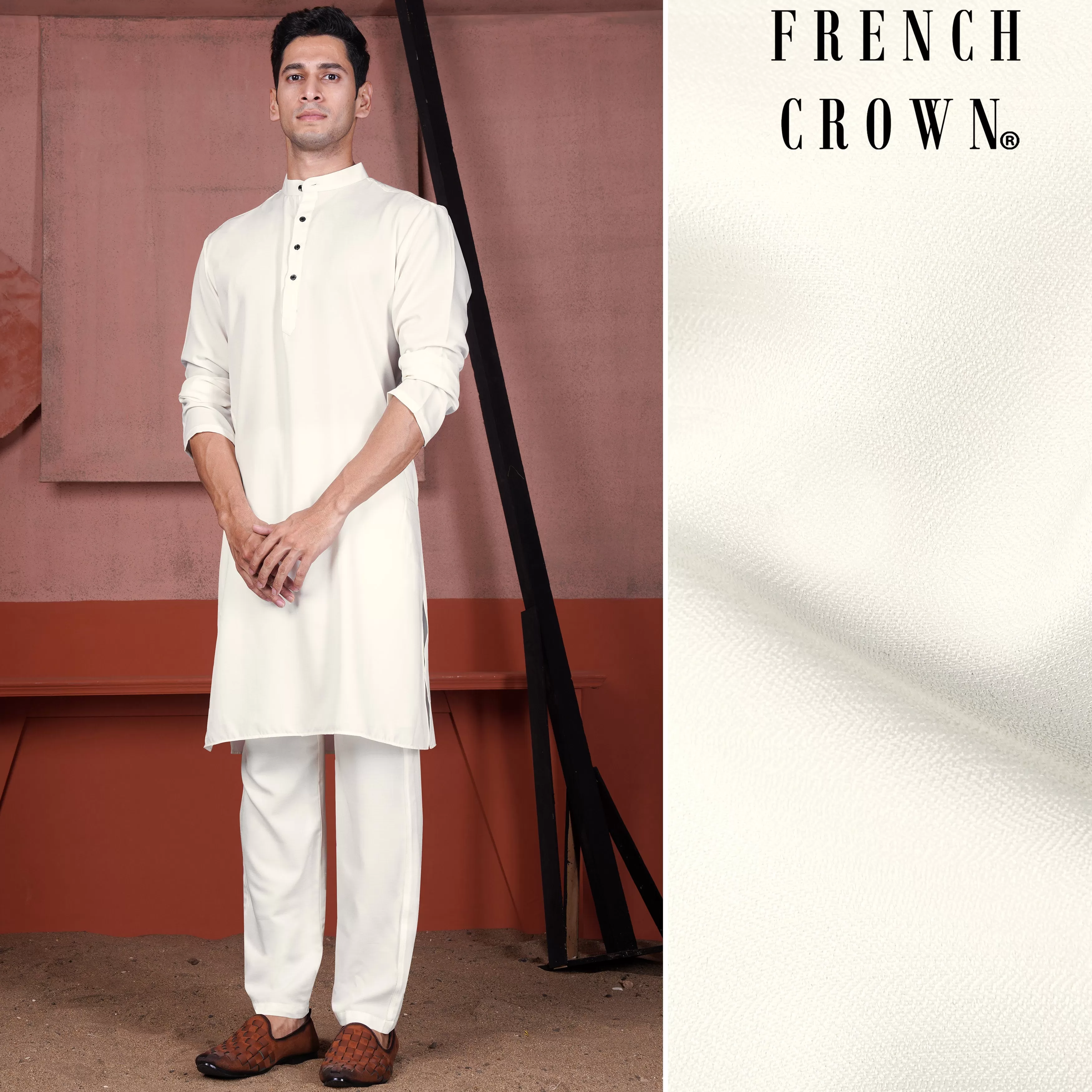 Albescent Cream Viscose Embroidered Designer Kurta with Nehru Jacket