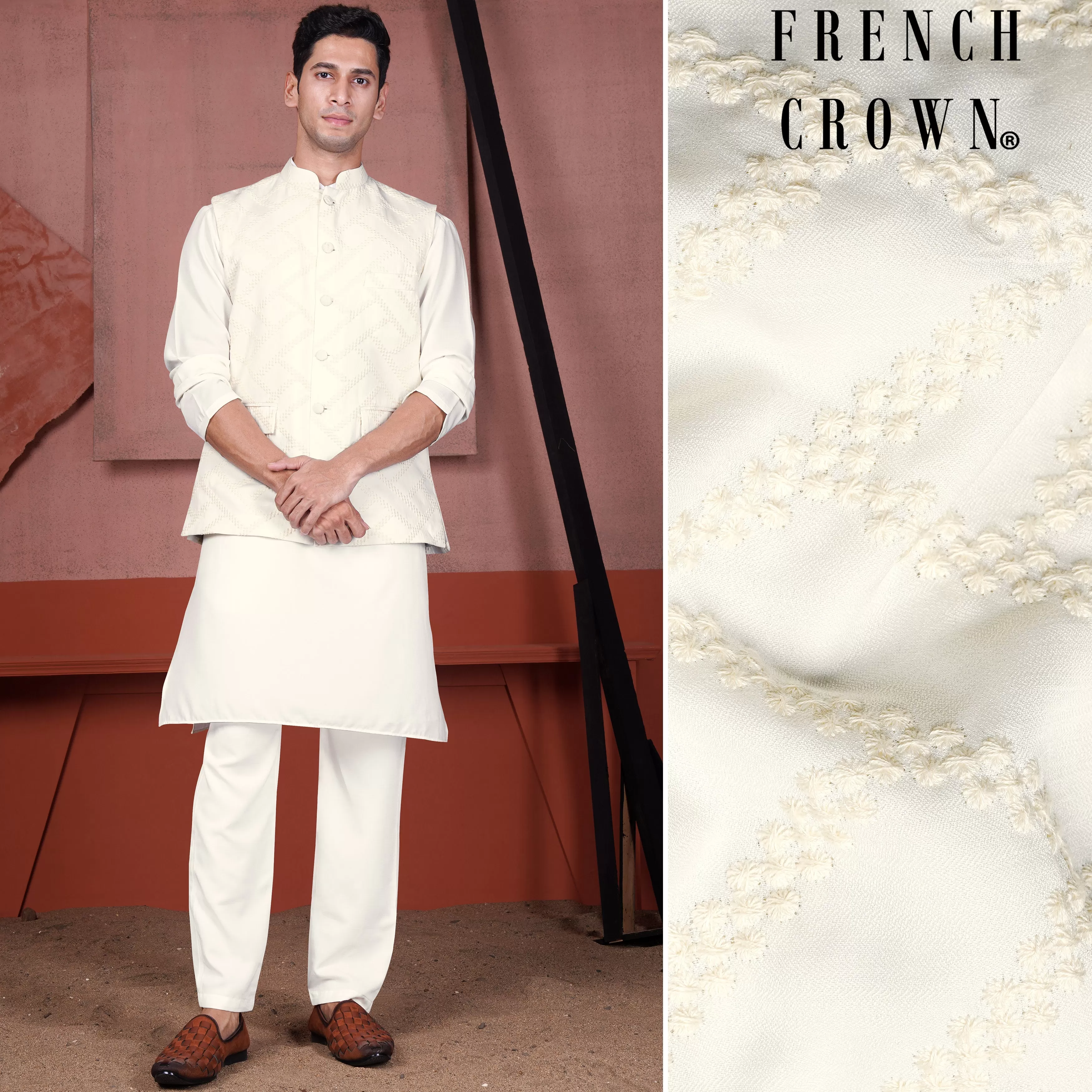 Albescent Cream Viscose Embroidered Designer Kurta with Nehru Jacket