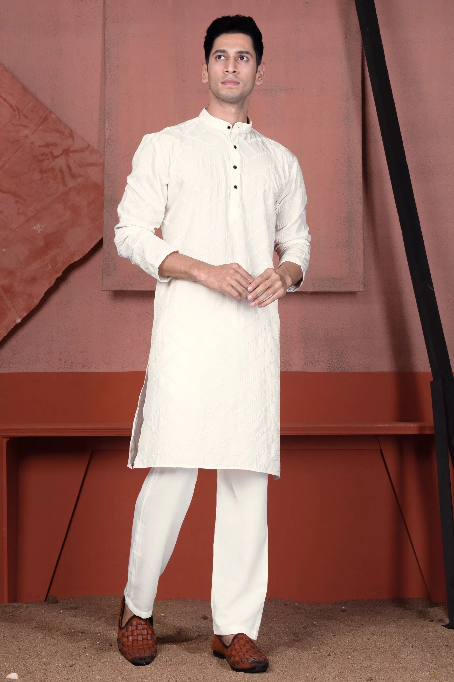 Albescent Cream Viscose Embroidered Designer Kurta with Nehru Jacket