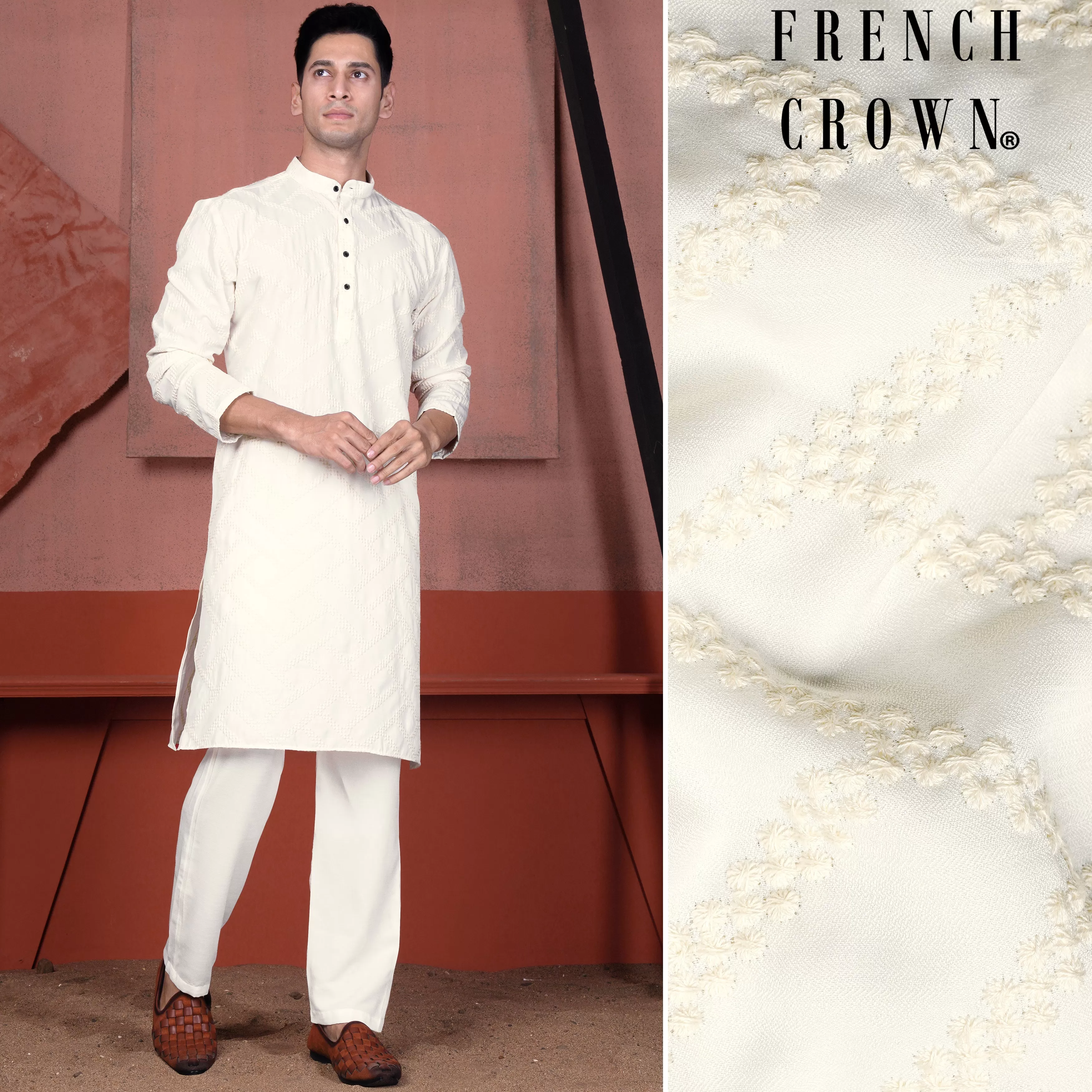 Albescent Cream Viscose Embroidered Designer Kurta with Nehru Jacket