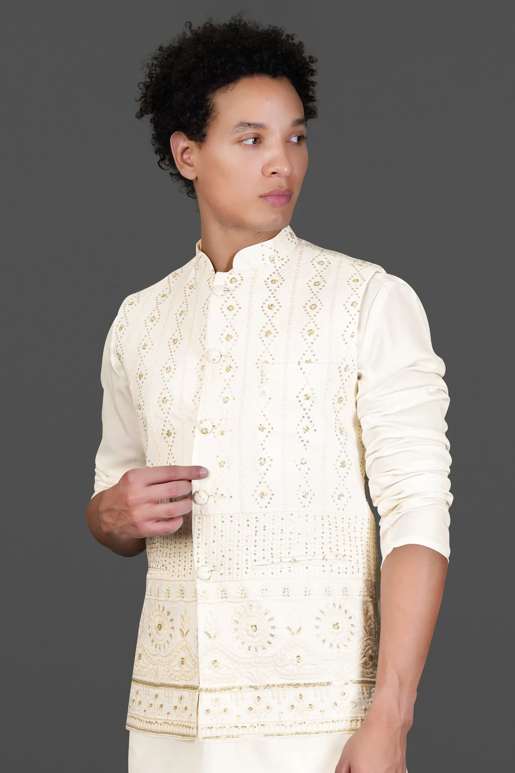 Albescent Cream With Sequin Embroidered Designer Nehru Jacket