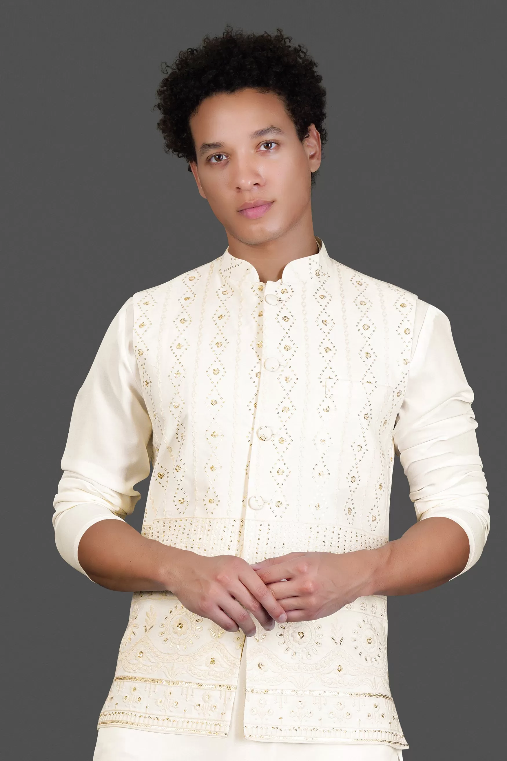 Albescent Cream With Sequin Embroidered Designer Nehru Jacket