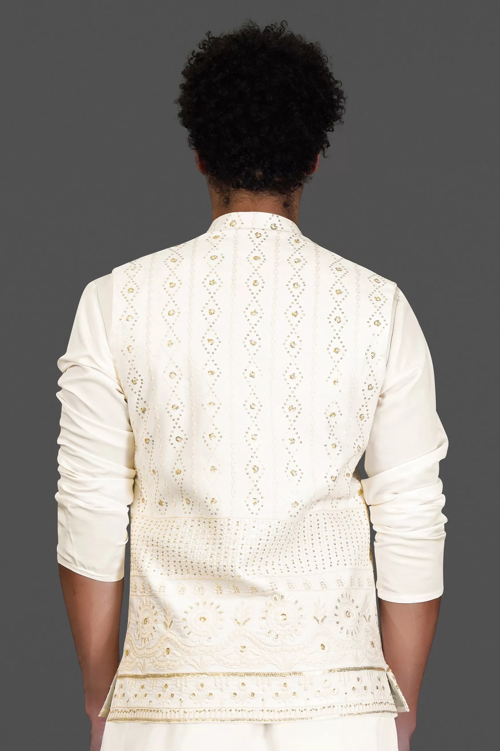 Albescent Cream With Sequin Embroidered Designer Nehru Jacket