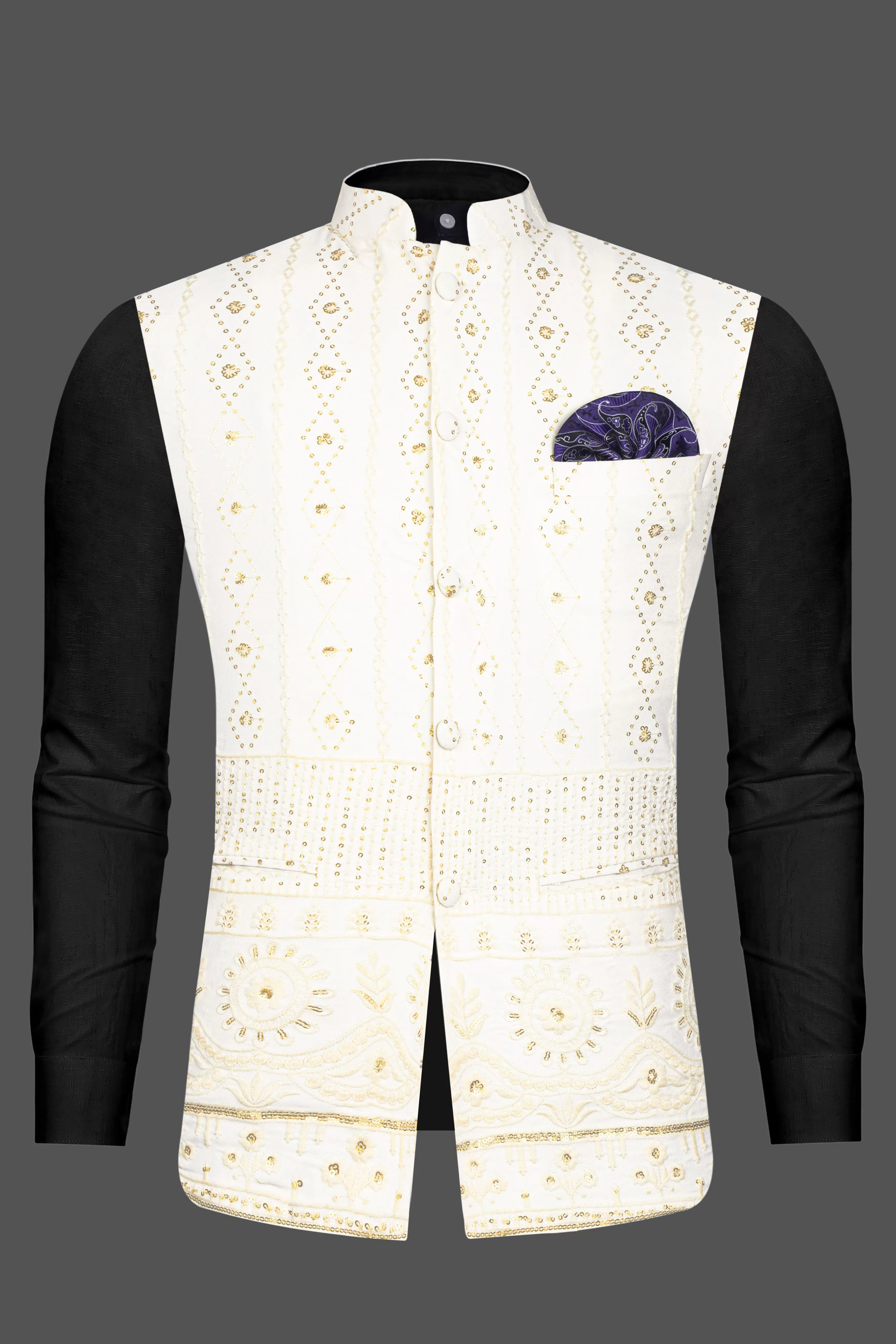 Albescent Cream With Sequin Embroidered Designer Nehru Jacket