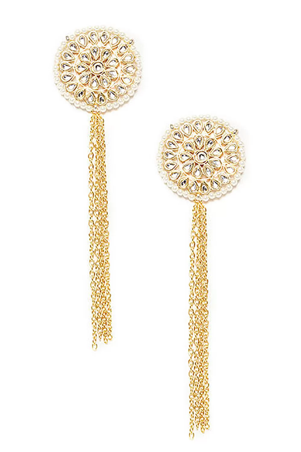 Alloy Kundan Studs Earring with Gold Chain in Gold and White