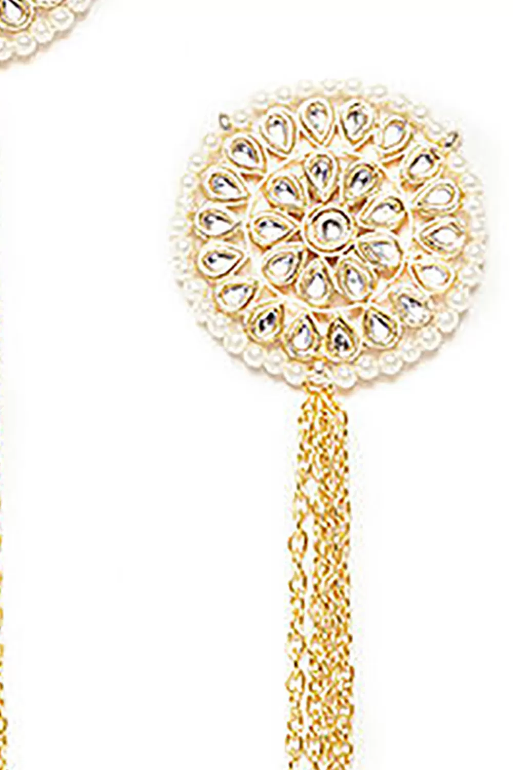 Alloy Kundan Studs Earring with Gold Chain in Gold and White