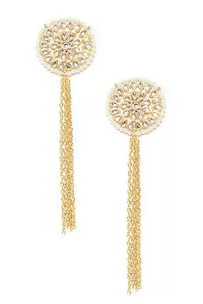 Alloy Kundan Studs Earring with Gold Chain in Gold and White