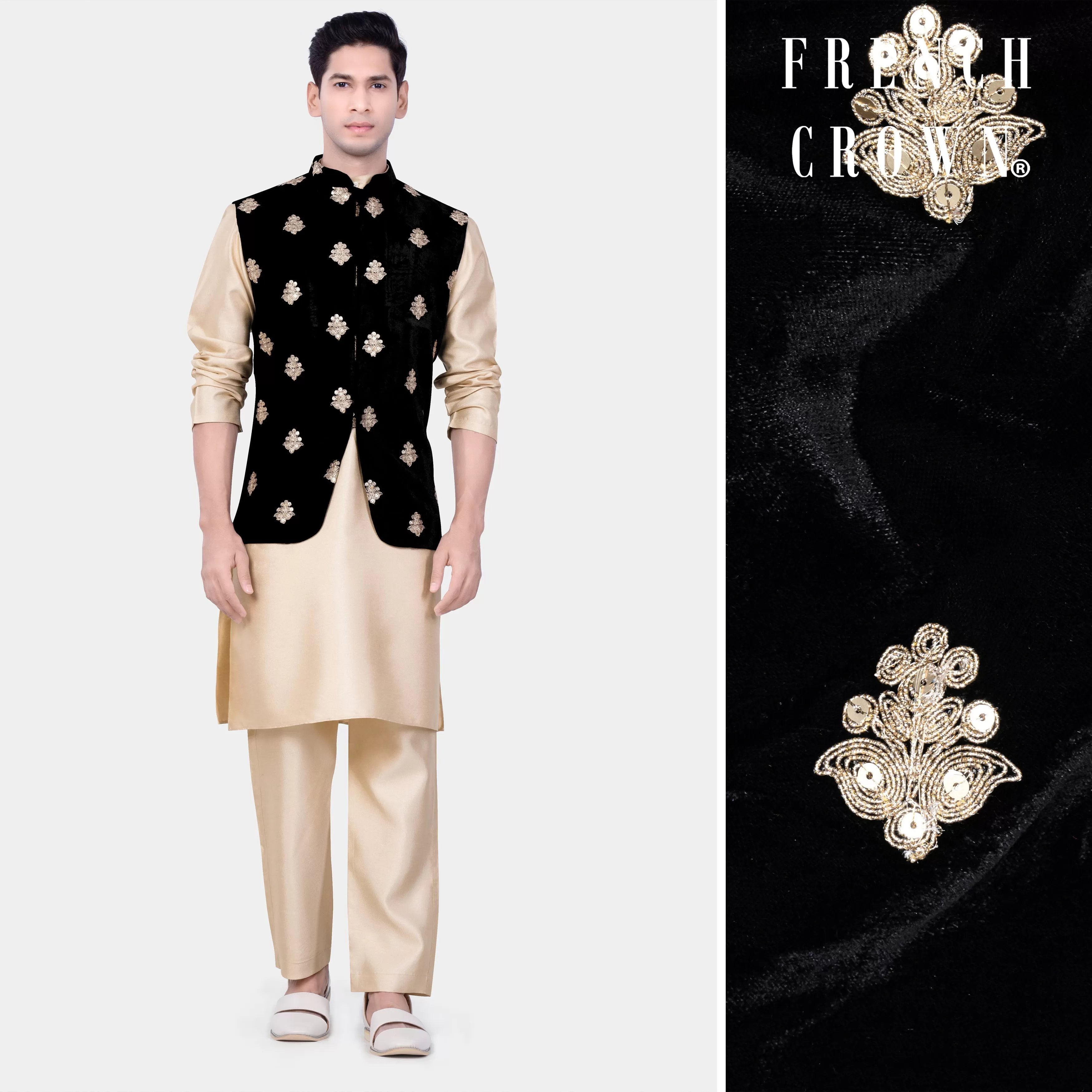 Almond Brown Kurta Set With Jade Black Designer Velvet Sequin And Thread Embroidered Nehru Jacket