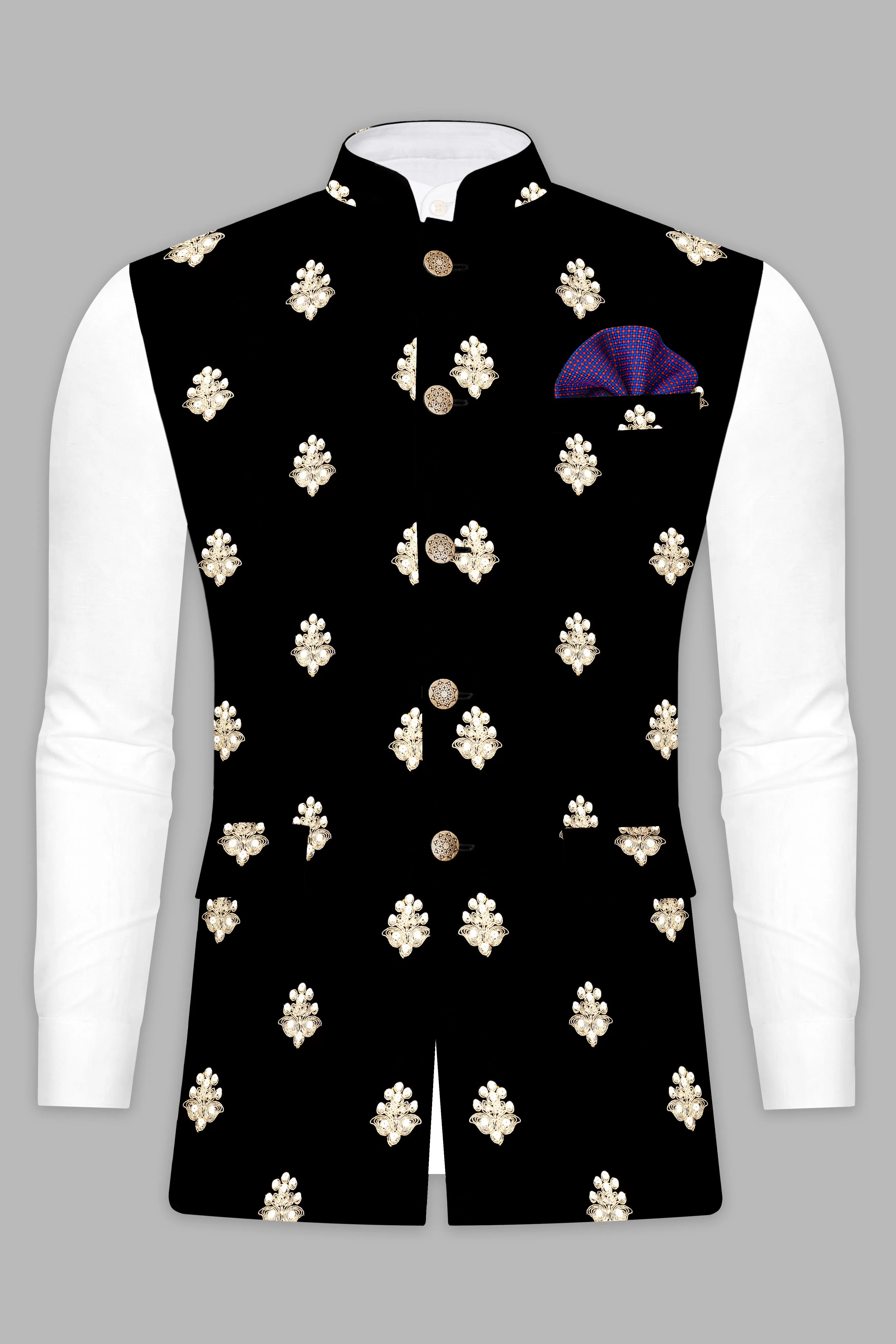 Almond Brown Kurta Set With Jade Black Designer Velvet Sequin And Thread Embroidered Nehru Jacket