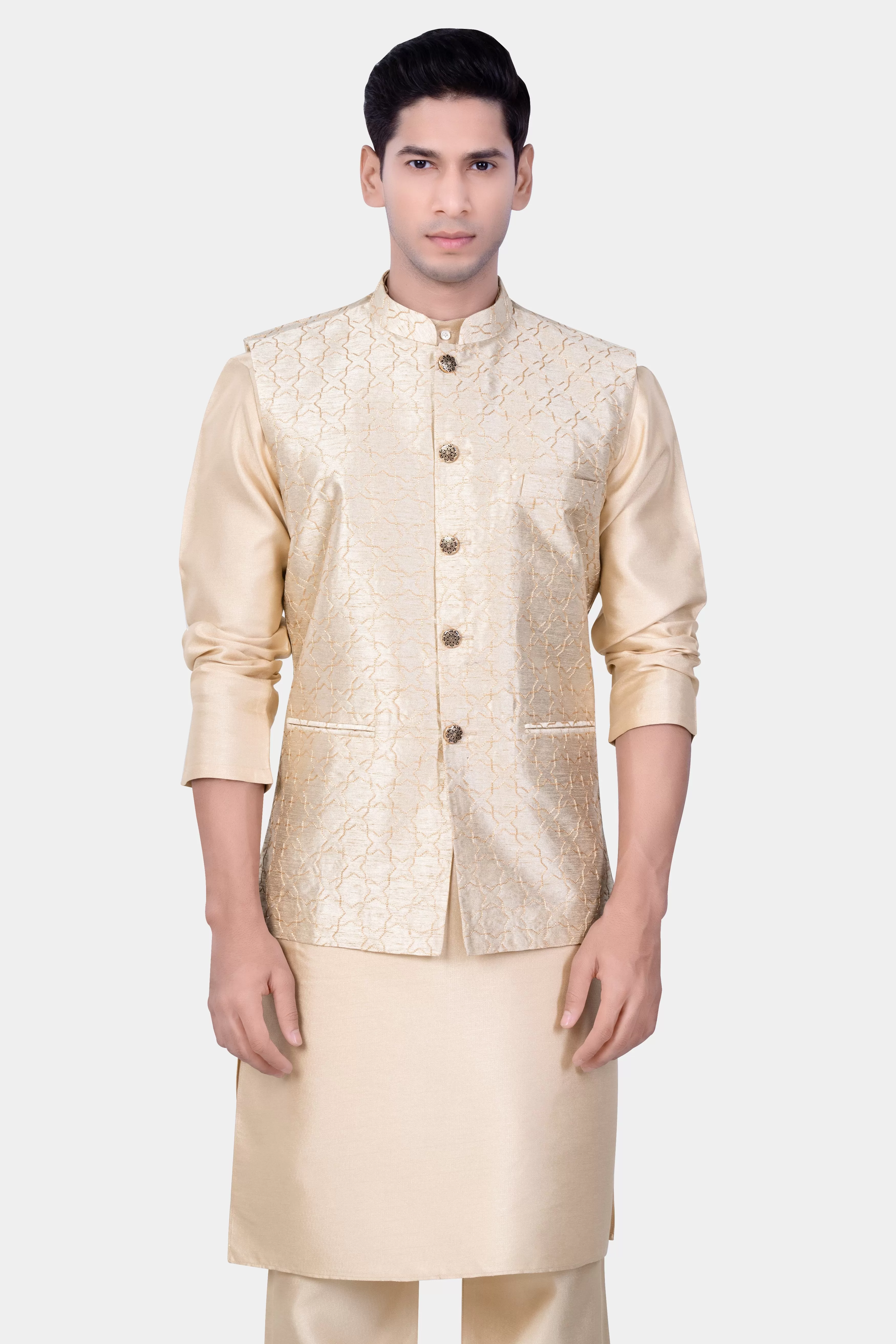 Almond Brown Kurta Set With Pearl Bush Cream hexagon Designer Embroidered Nehru Jacket