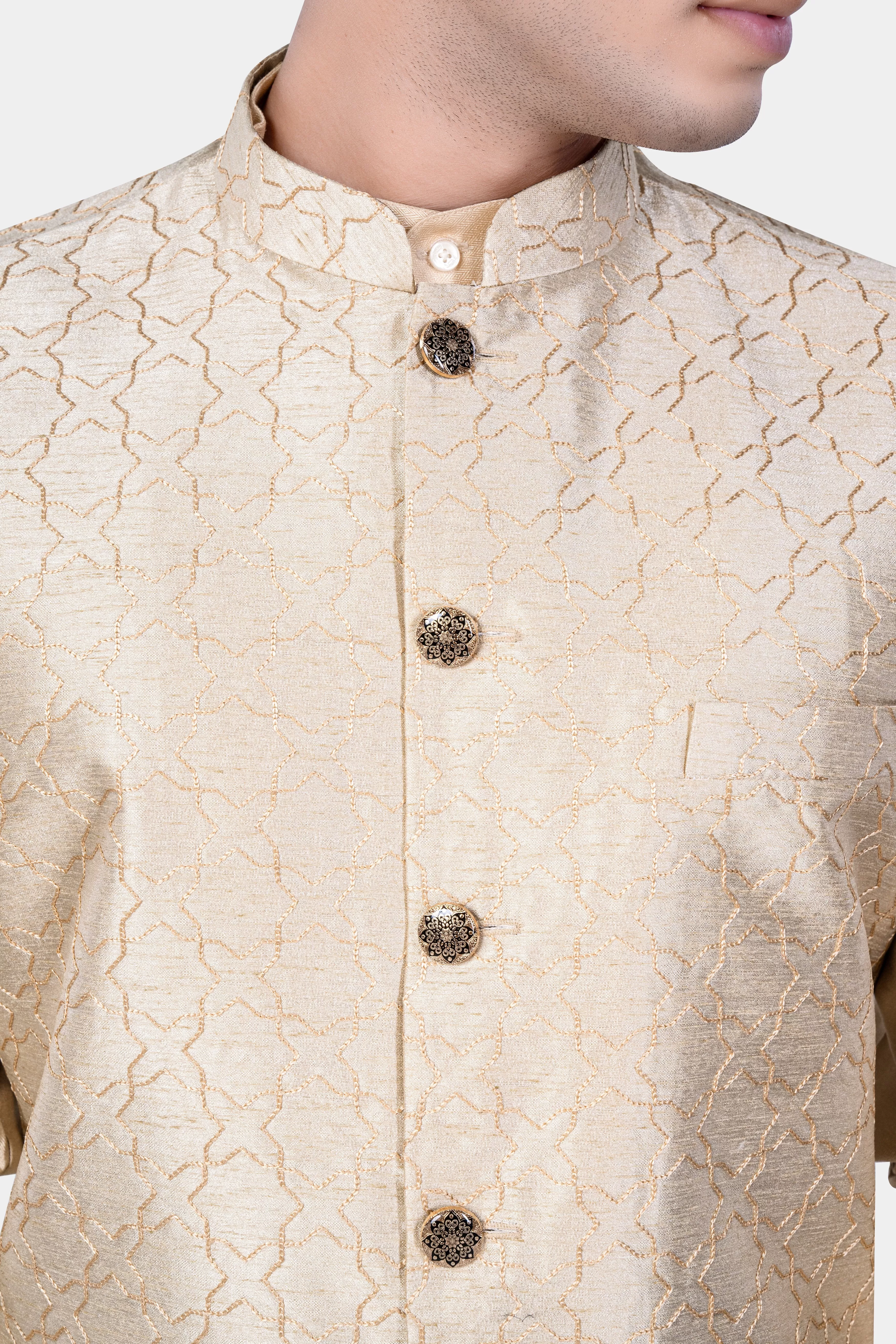 Almond Brown Kurta Set With Pearl Bush Cream hexagon Designer Embroidered Nehru Jacket