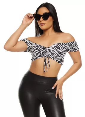 Almost Famous Printed Off the Shoulder Ruched Crop Top