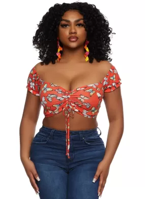 Almost Famous Printed Off the Shoulder Ruched Crop Top