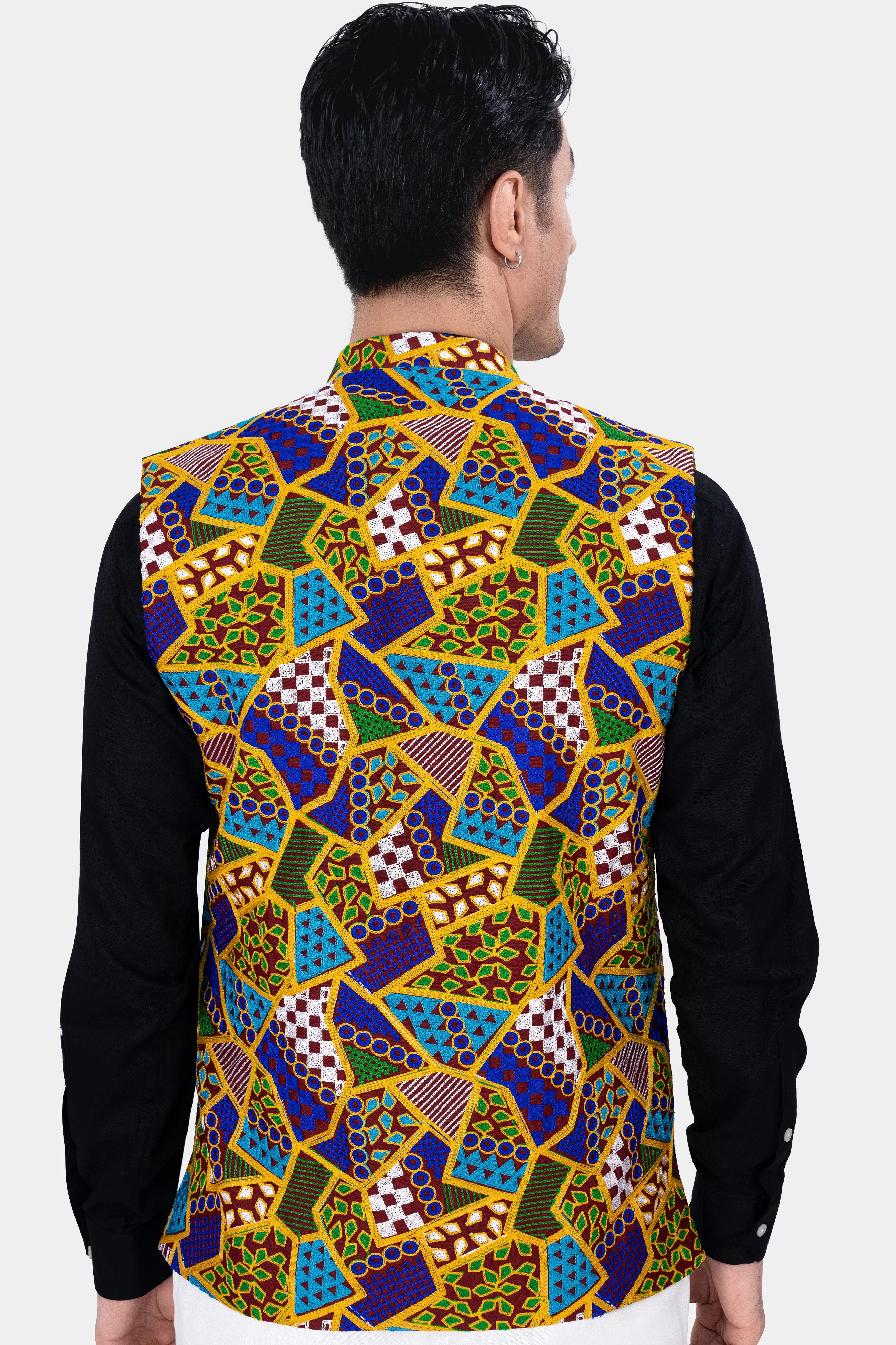 Amber Yellow with Cobalt Blue Multicolour Cotton Thread Embroidered Nehru Jacket