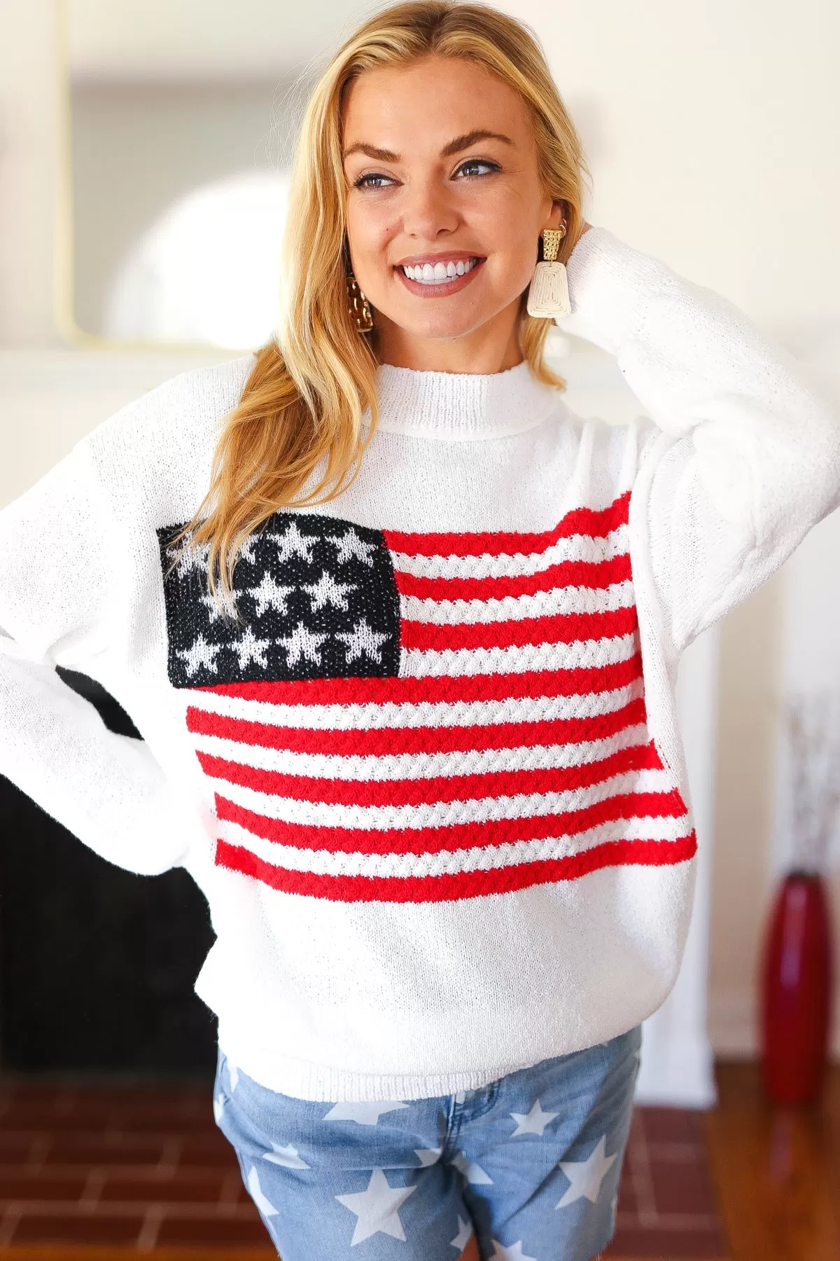 American Flag White Crochet Oversized Knit Sweater