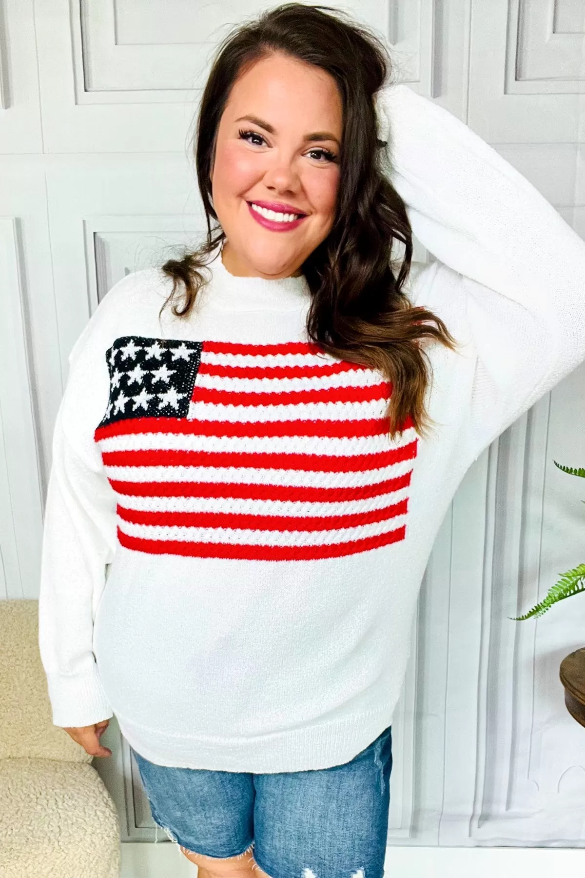 American Flag White Crochet Oversized Knit Sweater