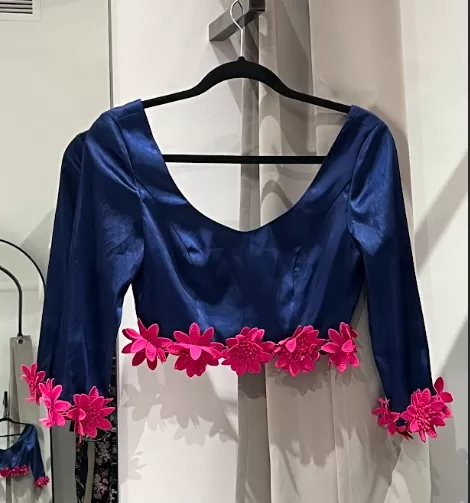 AMIRA Navy and Pink Stretch Satin Floral Trim Top (Sample)