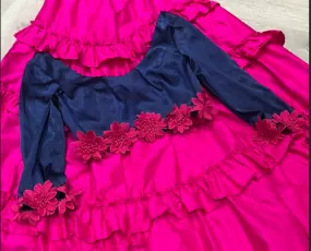 AMIRA Navy and Pink Stretch Satin Floral Trim Top (Sample)