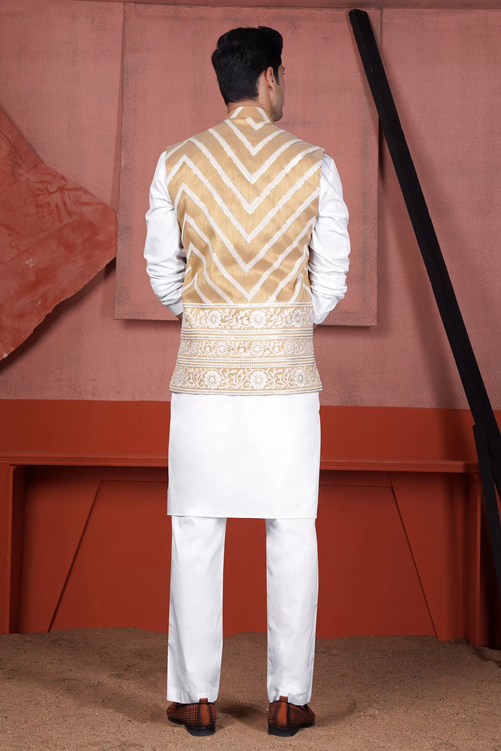 Antique Brown and Merino Cream Zig Zag Cotton Thread Embroidered Designer Nehru Jacket