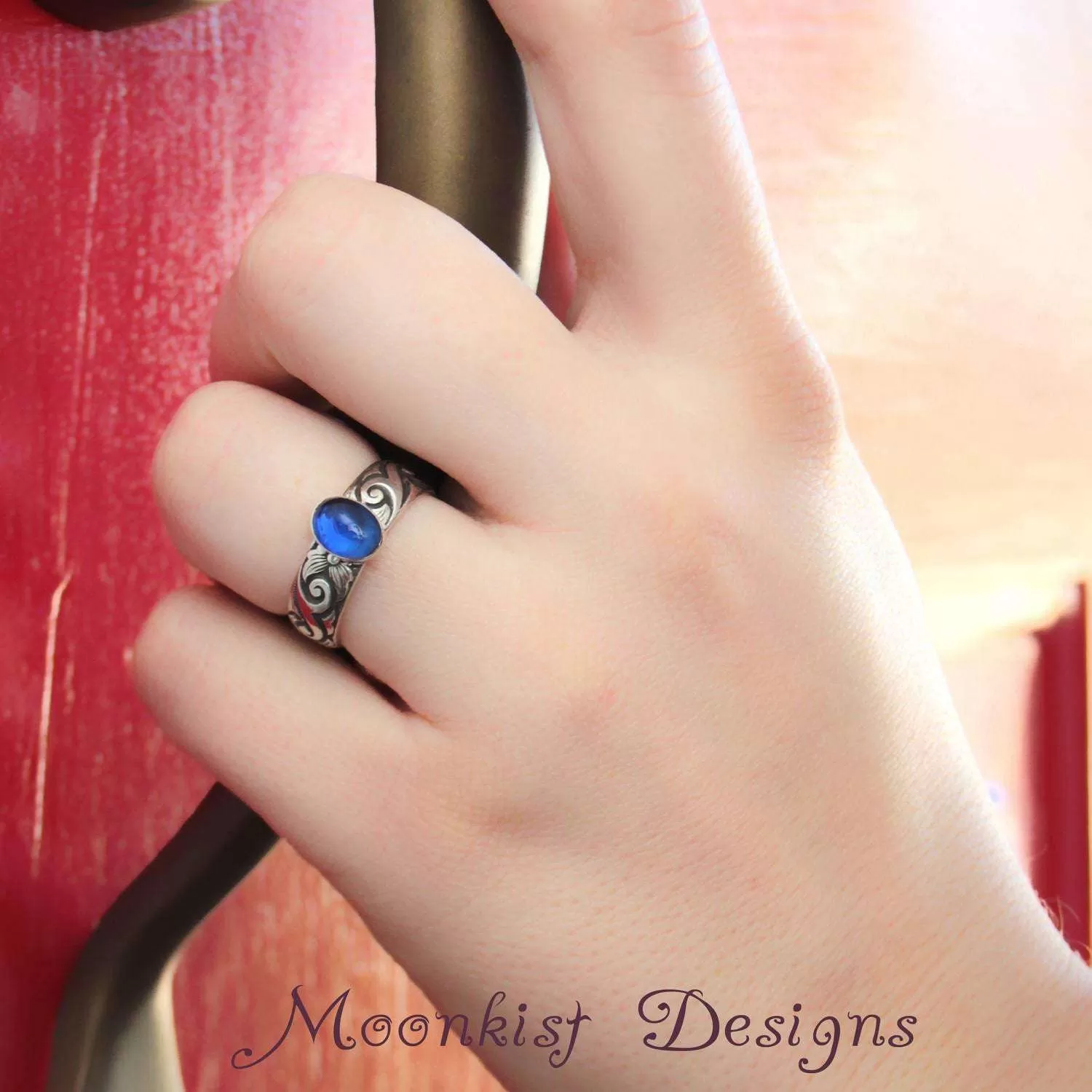 Antique Style Oval Blue Sapphire Scroll Promise Ring 925 Sterling Silver | Moonkist Designs