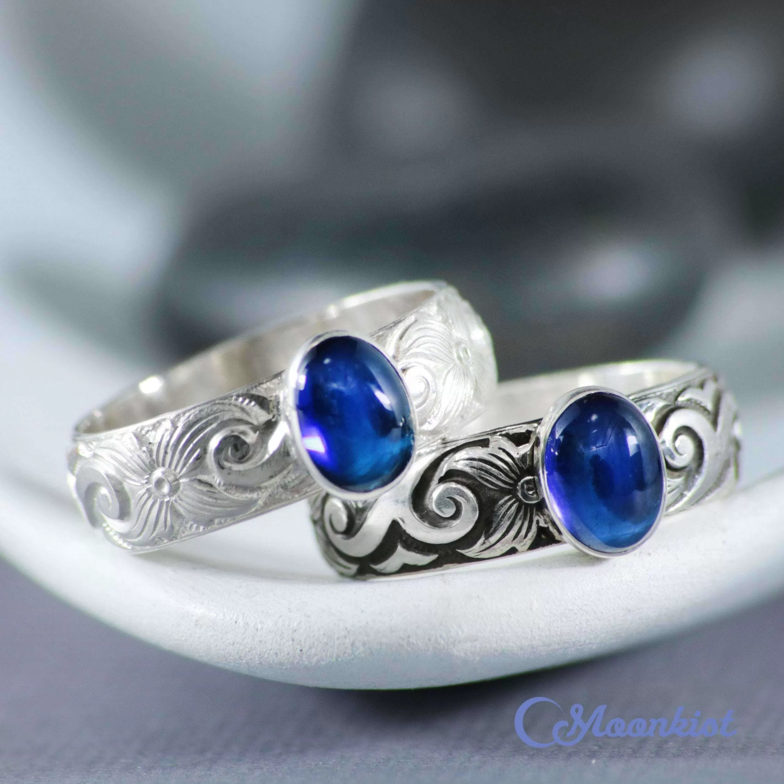 Antique Style Oval Blue Sapphire Scroll Promise Ring 925 Sterling Silver | Moonkist Designs