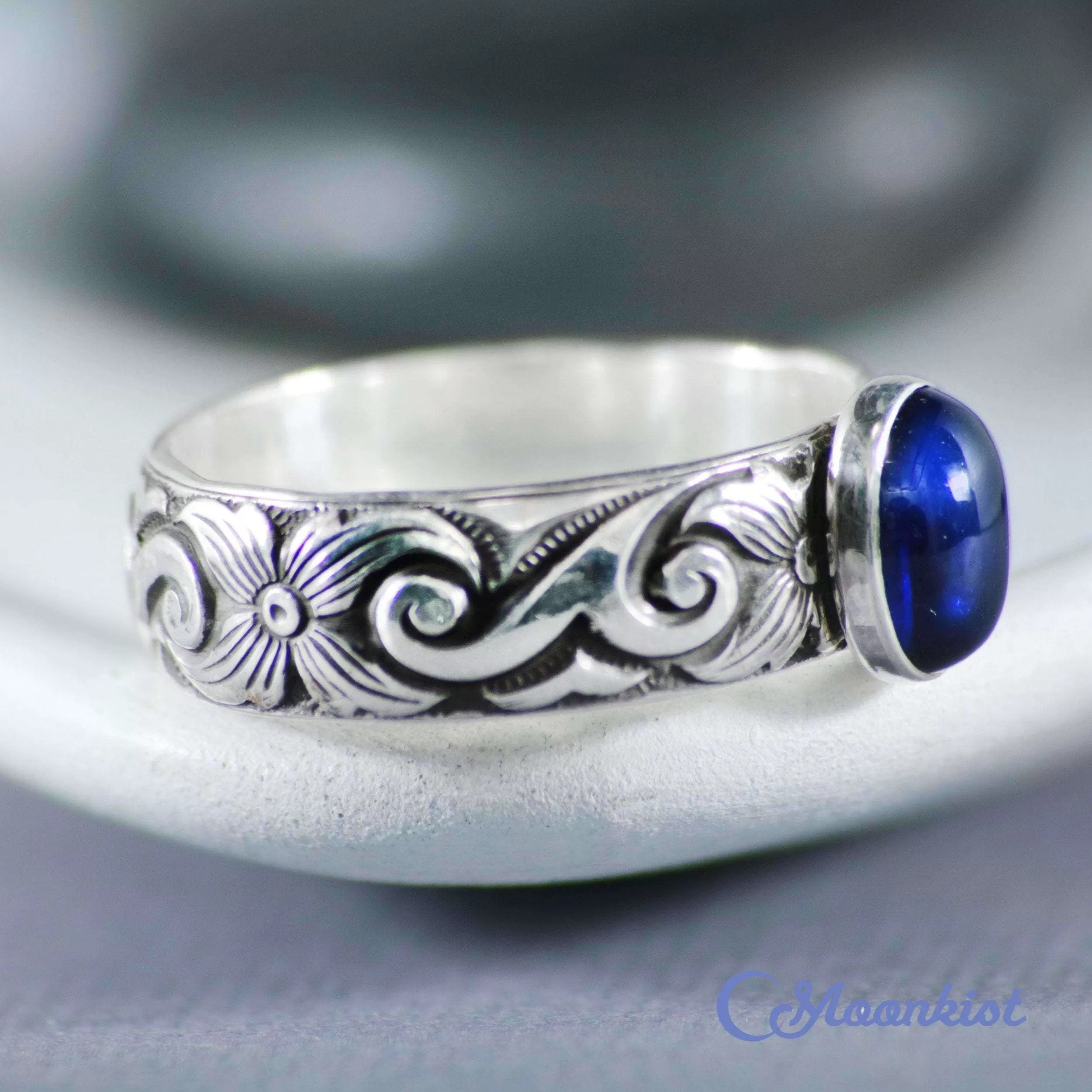 Antique Style Oval Blue Sapphire Scroll Promise Ring 925 Sterling Silver | Moonkist Designs